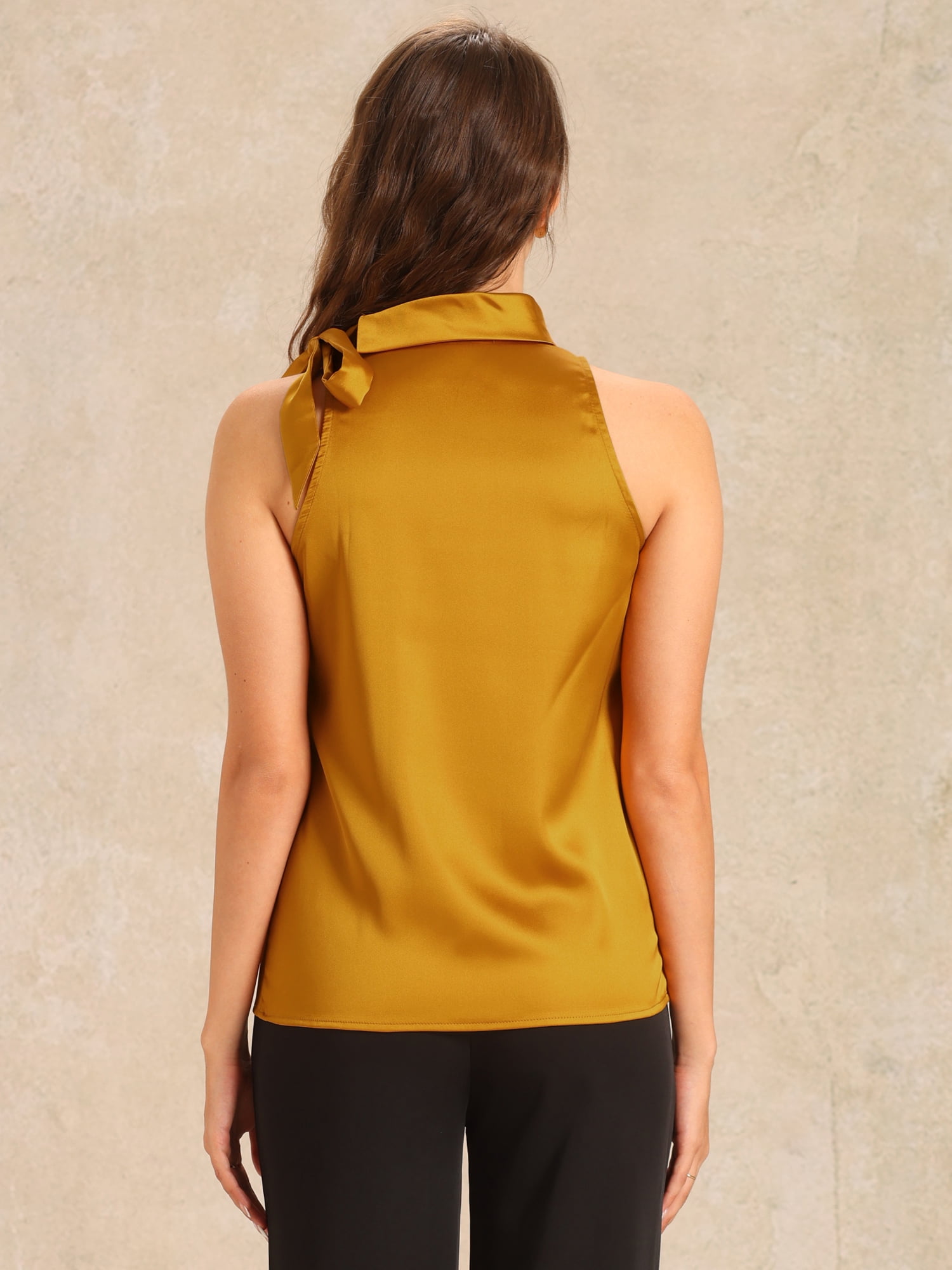 DARING DIVA Bow Tie Neck Solid Work Blouse Top M Yellow