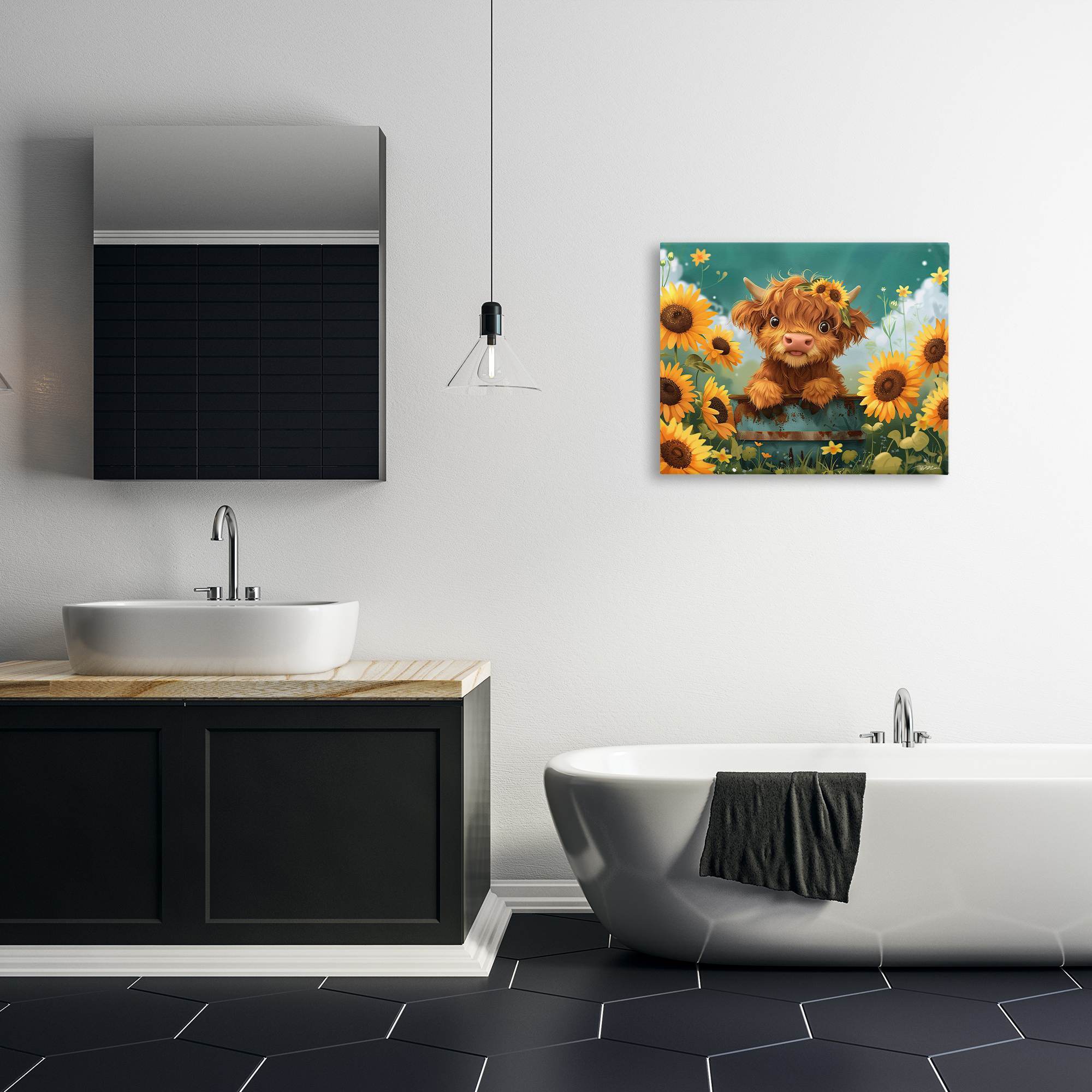 Cute Happy Highland Cow Canvas Wall Art, design by Momart