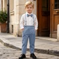 thumbnail image 4 of QTBIUQ Toddler Boys Three-Piece Suit Set Cotton Turn-Down Collar Shirt and Suspender Pants Formal Outfit Set with Bow Tie, 4 of 9