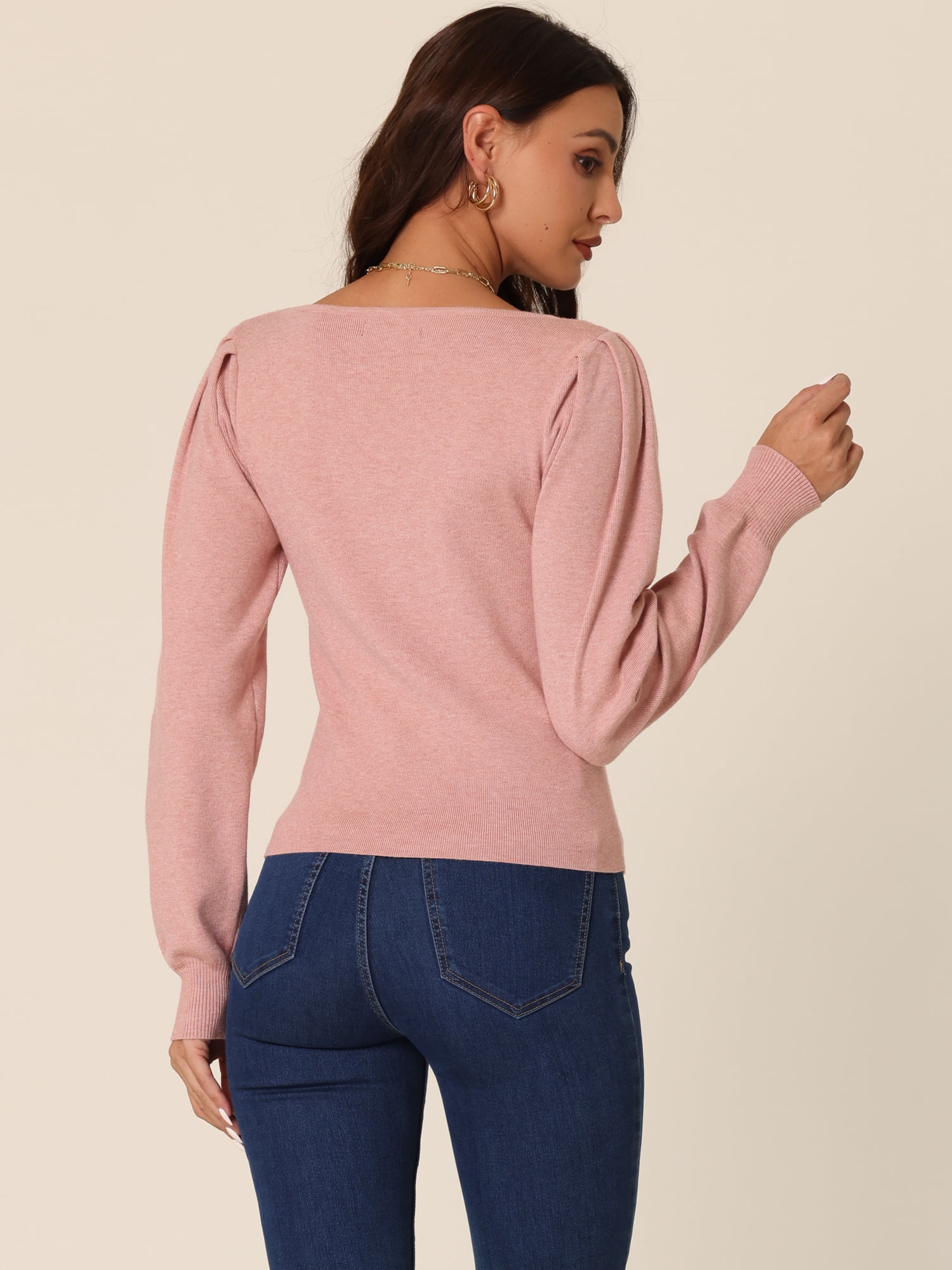 Unique Bargains Women's Rib Knit Sweater Long Puff Sleeve Sweetheart Neck Jumper Tops XL Pink