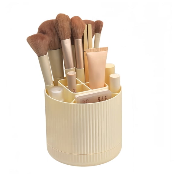 Wanfoou 1 Pcs Versatile 360° Rotating Makeup Brush Holder Organizer, Ideal for Vanities, Bathrooms & Desktops, with 5-Compartment Brush Cup-Beige