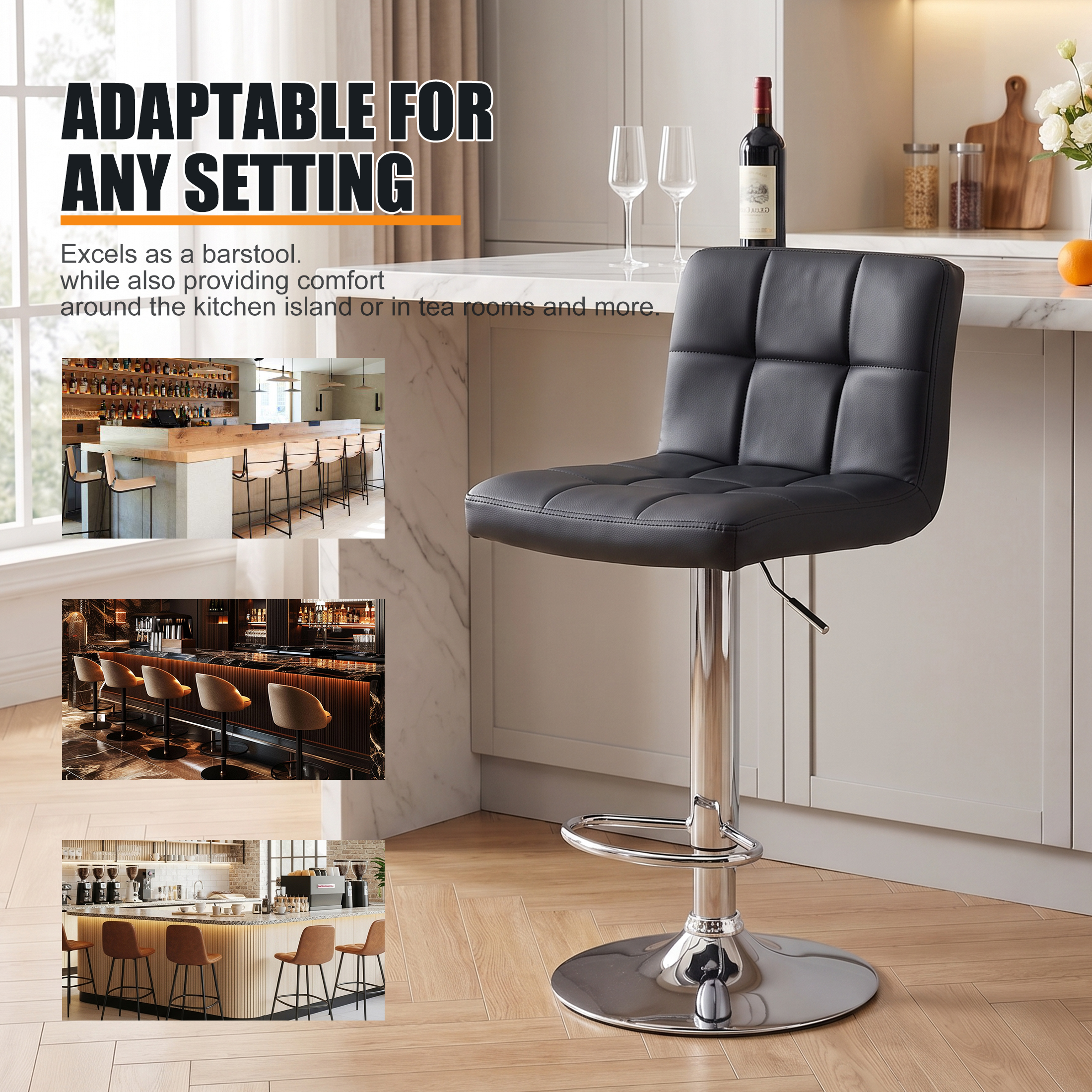 Concetta Set of 2 Adjustable Swivel Bar Stools, Black photo 2