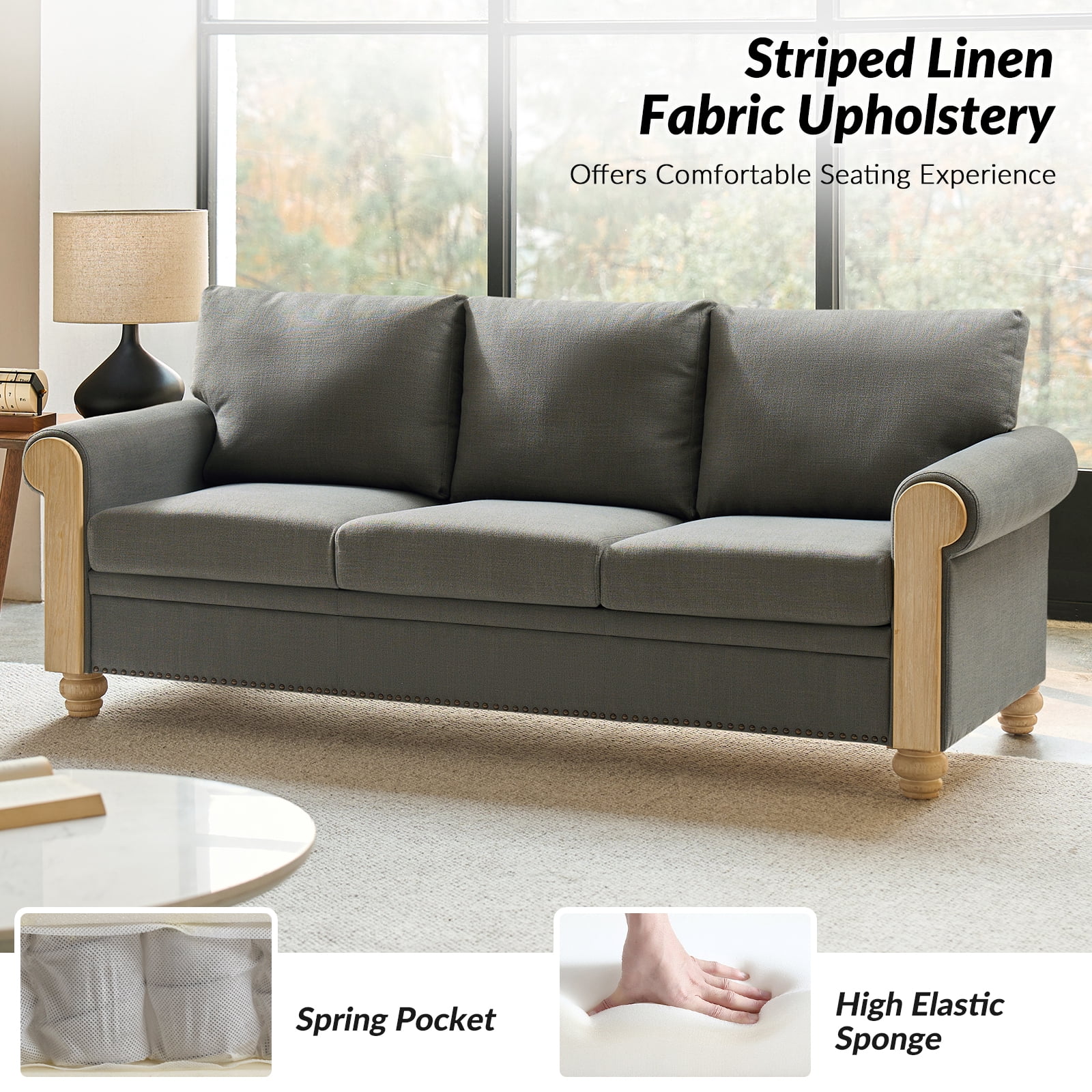 81" 3-Seater Farmhouse Sofa with Rolled Arms, Solid Wood Legs & Linen Upholstery for Living Room, Charcoal