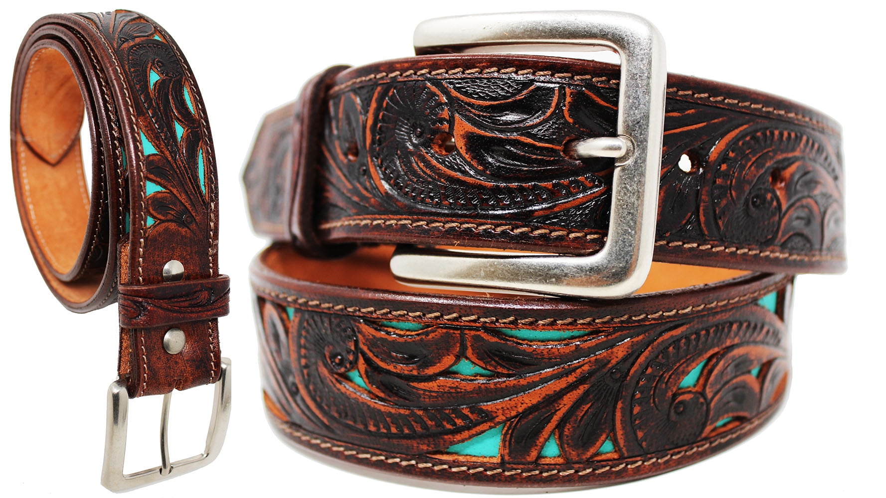 Men's Floral Tooled Leather Belt Heavy Duty Western Casual Gun Hammered Buckle
