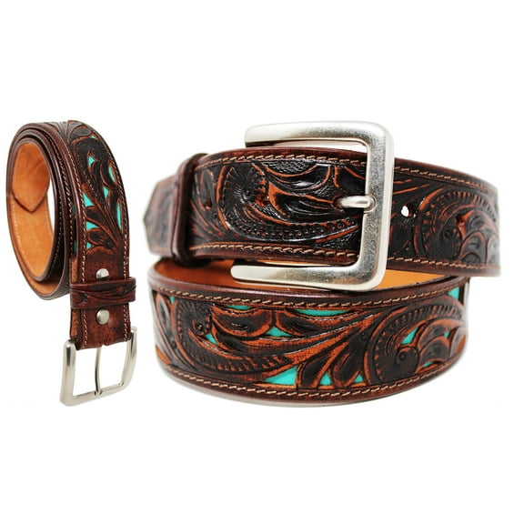 45-46  Western Heavy Duty Unisex Genuine Leather Floral Tooled Belt Teal Inlay 26JQ02