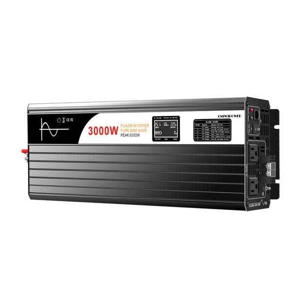 CNSWIPOWER 3000W (Potencia máxima 6000W) inversor de Onda sinusoidal Pura y convertidor Solar CC a CA 120V 60Hz con Arranque Suave para Coche y Camping (DC12V (Rango 10V-15V) 3000W)