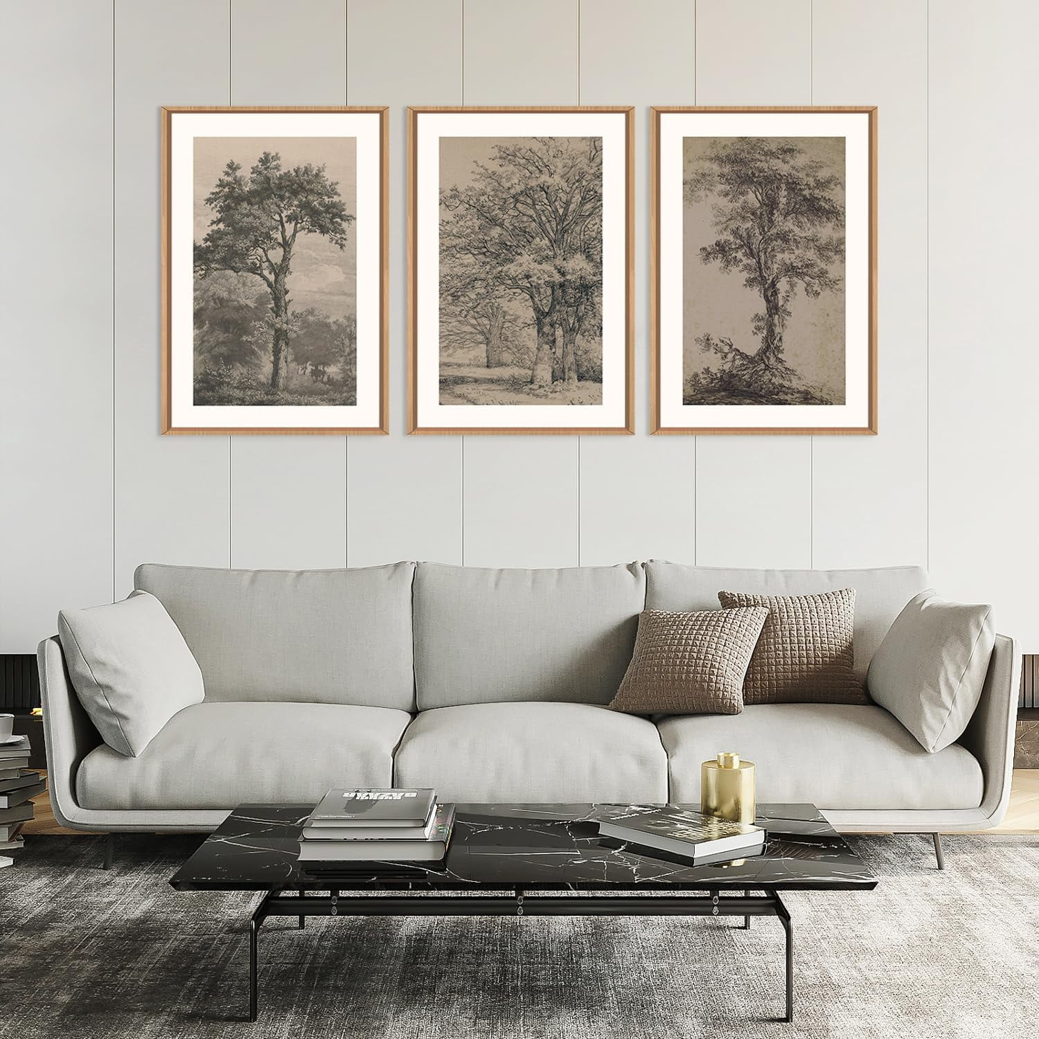 Vintage Tree Sketch Wall Art Set, Antique Tree Drawings Wall Decor, Nature Sketch Wall Painting, Framed Botanical Canvas Art Prints for Living Room, Bedroom, Dinning Room, Farmhouse - 16"x24"x3