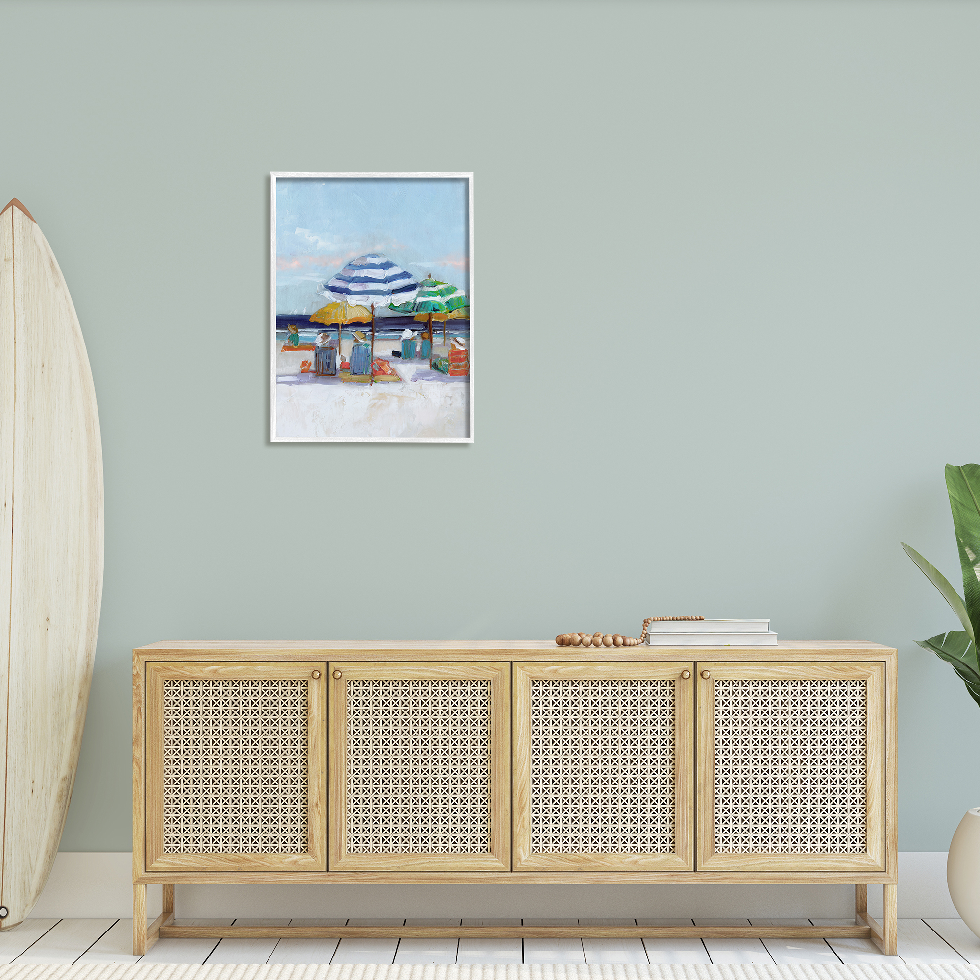 Stupell Industries Calm Beach Umbrella People Relaxing Ocean Shoreline , 24 x 30, Design by Sally Swatland