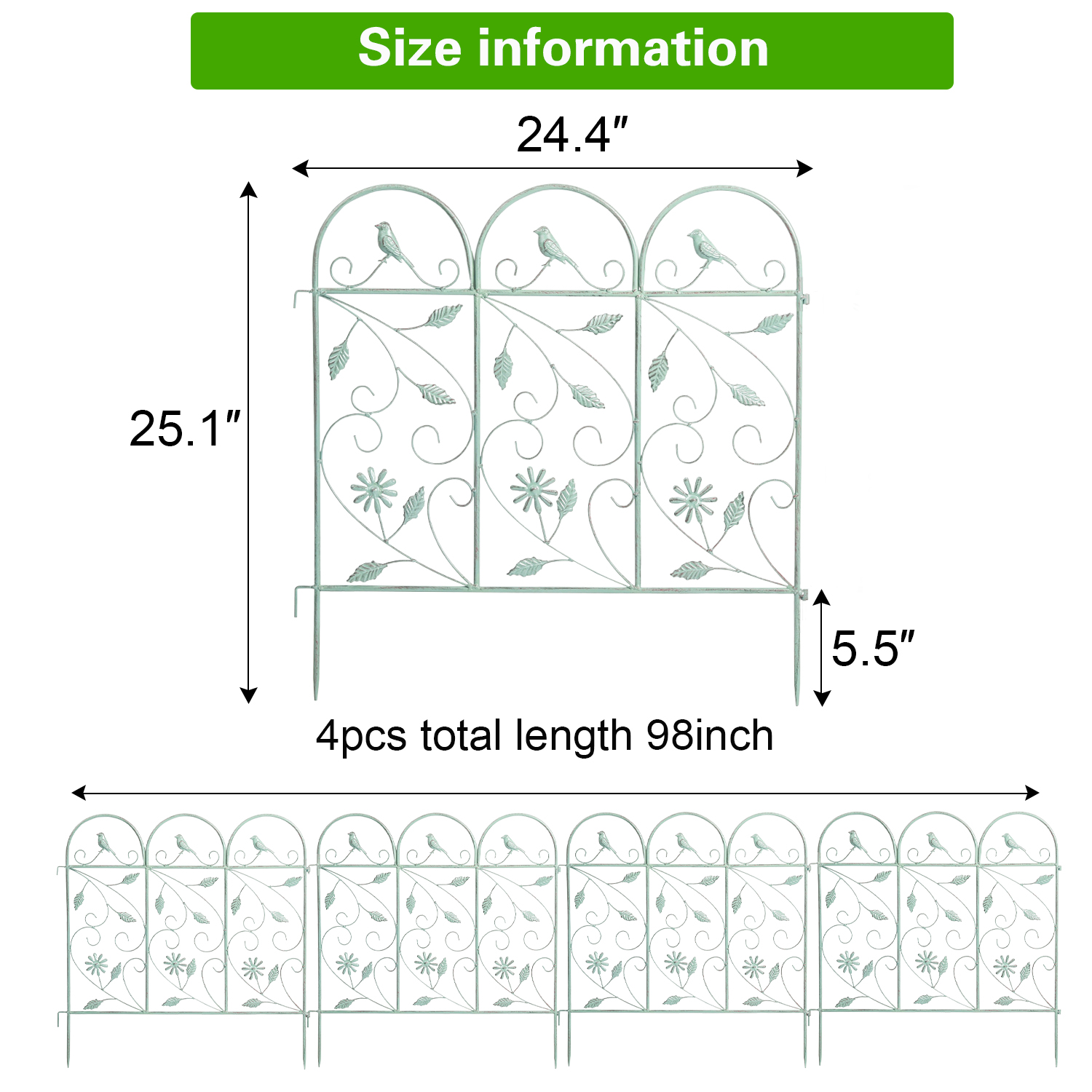 Sungmor Rustic Garden Edging Border, Wrought Iron Picket Fence Panels Decorative Landscape, Green, 4-Piece