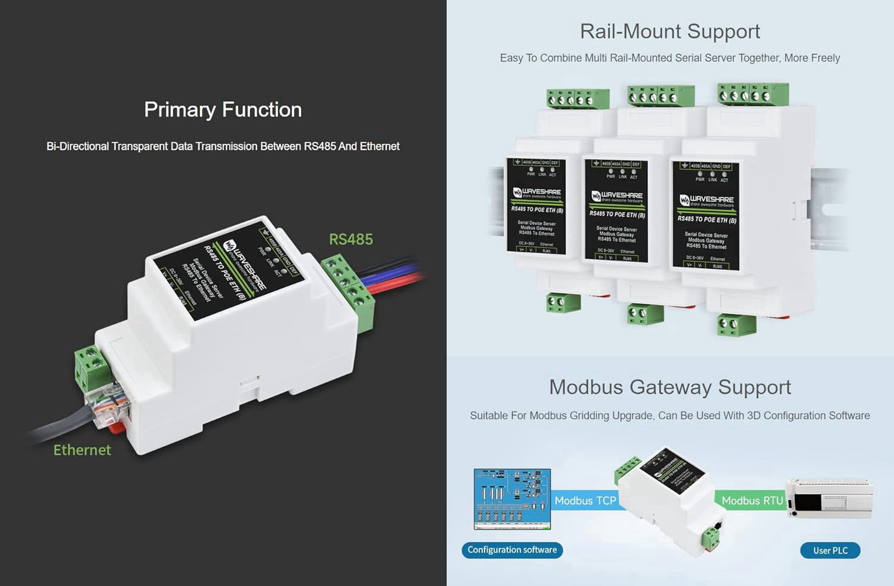Industrial Rail-Mount RS485 Serial Server RS485 to RJ45 Ethernet TCP/IP to Serial Rail-Mount Support with 12V 2A Industrial DIN-Rail Power Supply AC/DC Converter