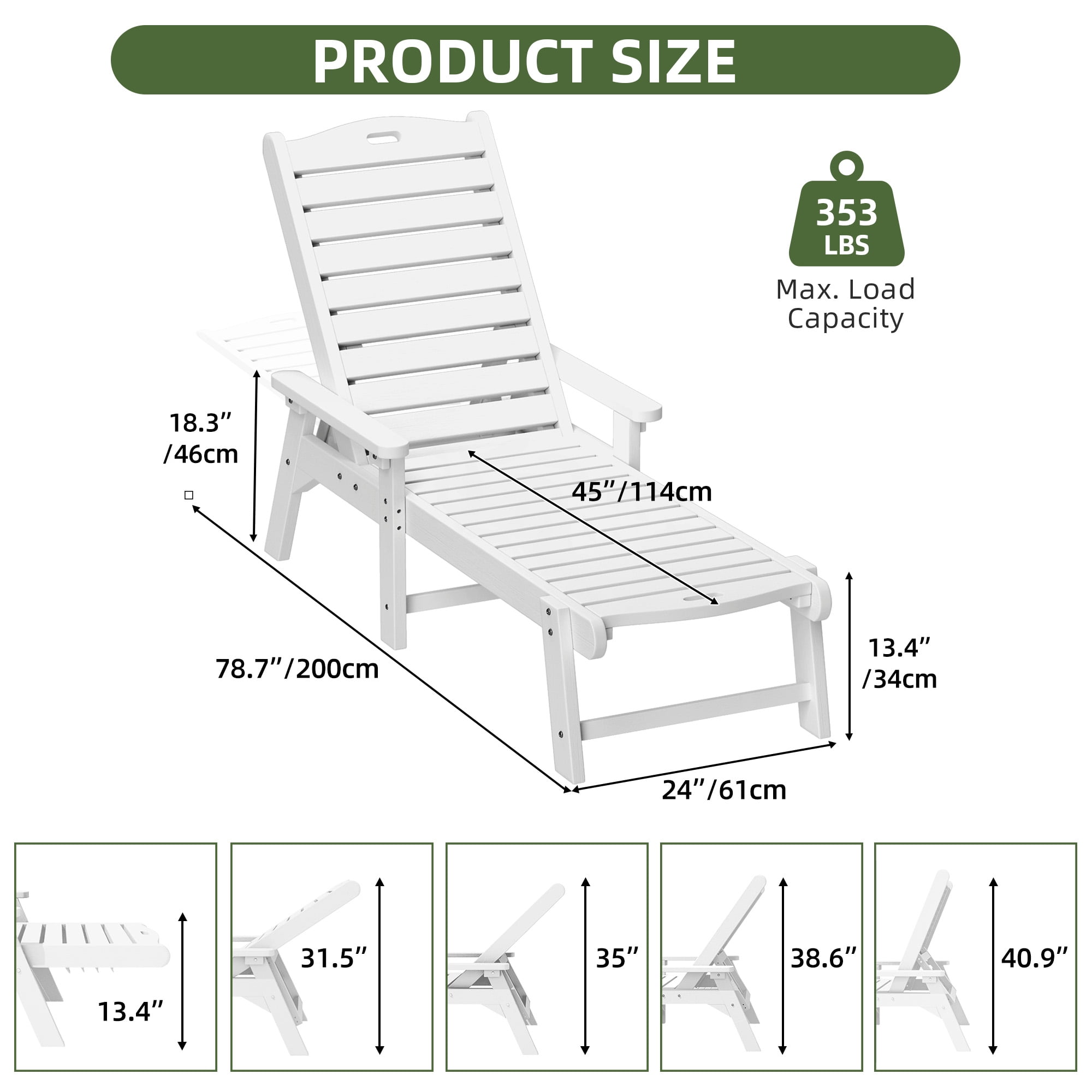 Uforic Outdoor Chaise Lounge Chairs with Adjustable Backrest, Heavy Duty Hips Resin Patio Lounger with Wide Armrest, 2 Pcs