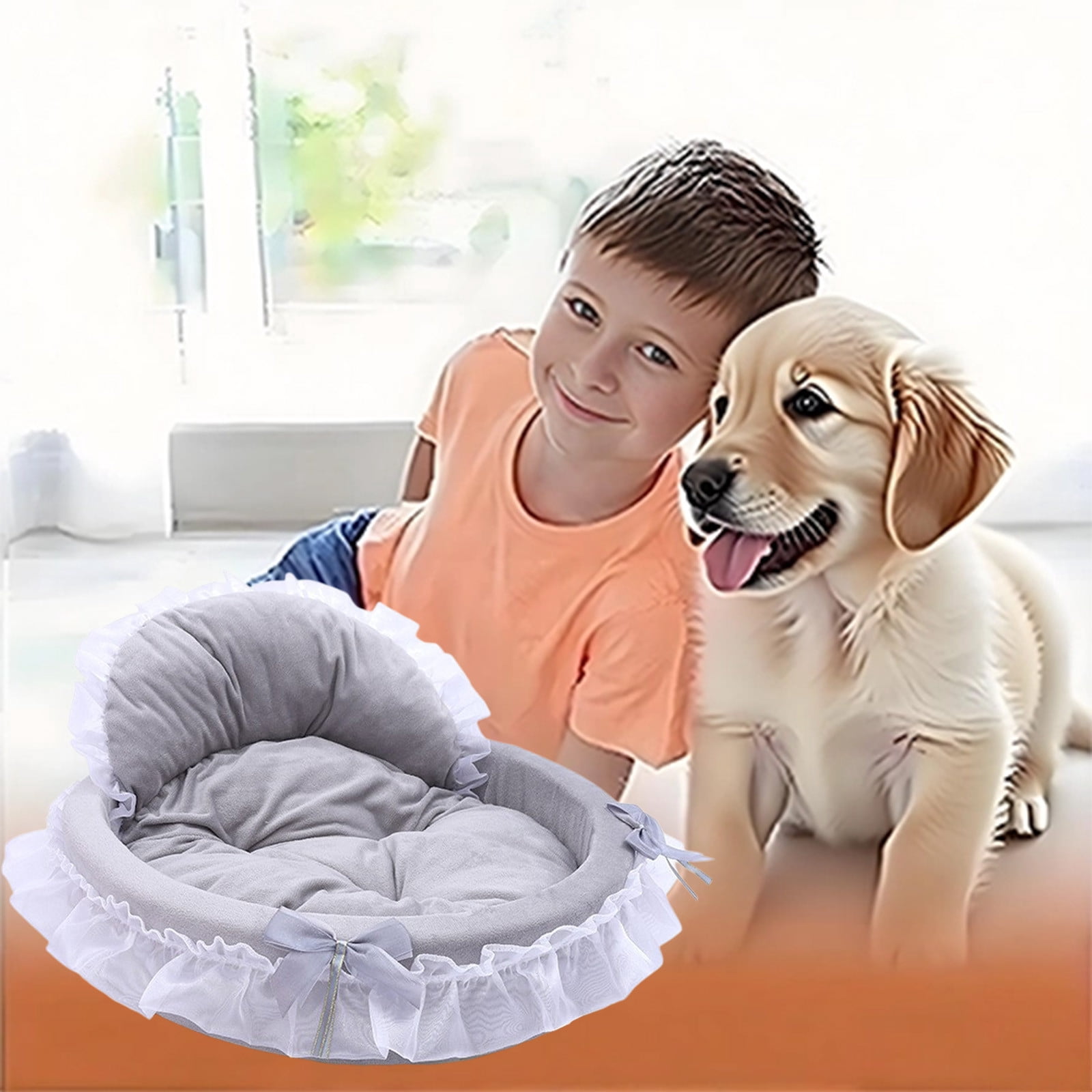 Nebwoak Soft Washable Pet Bed for Small Medium Dogs Cats - 17.7x17.7in, Detachable Mattress, Durable Sponge, Lace Trim, Pink/Blue, Indoor Comfort Pet Cushion Sleeping Pad