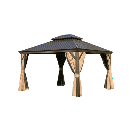 Newboti 12'x14' Hardtop Gazebo, Outdoor Aluminum Frame Canopy with Galvanized Steel Double Roof, Outdoor Permanent Metal Pavilion with Curtains and Netting for Patio, Backyard and Lawn(Brown) 56281016