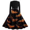 thumbnail image 4 of WTOBBY Women's Fashion Round Neck Casual Slim Halloween Printed Long Sleeve Audrey Hepburn Style Dress with Retro Design for Party and Everyday Wear ,Black L, 4 of 5