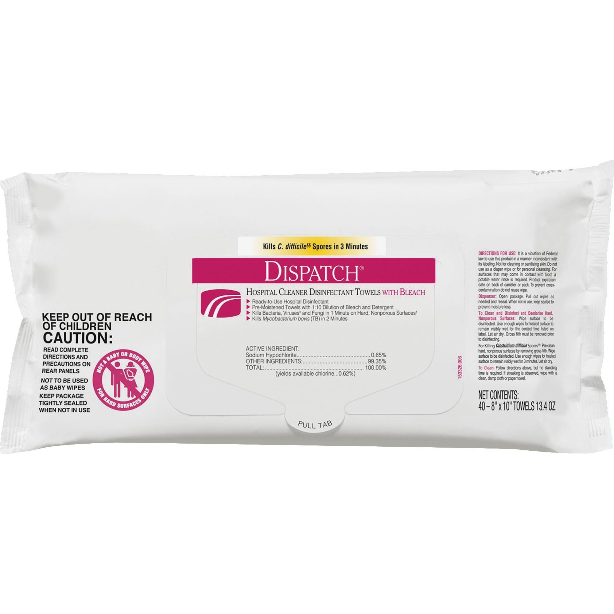 Clorox, CLO69240, Dispatch Hospital Cleaner Disinfect Towels, 40 / Each, White