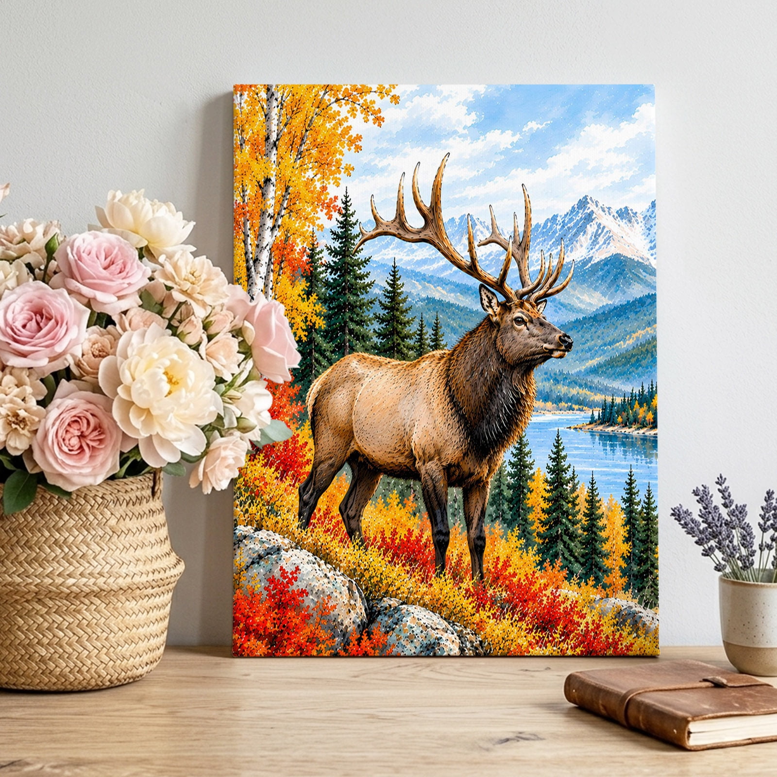 Fall Landscape Canvas Wall Art for Living Room 24 L x 18 W Rustic Elk Mountain Lake Orange Woodland Poster Print Painting for Lounge Sofa Zone Office Home Decoration Wall Pictures Prepare To Hang