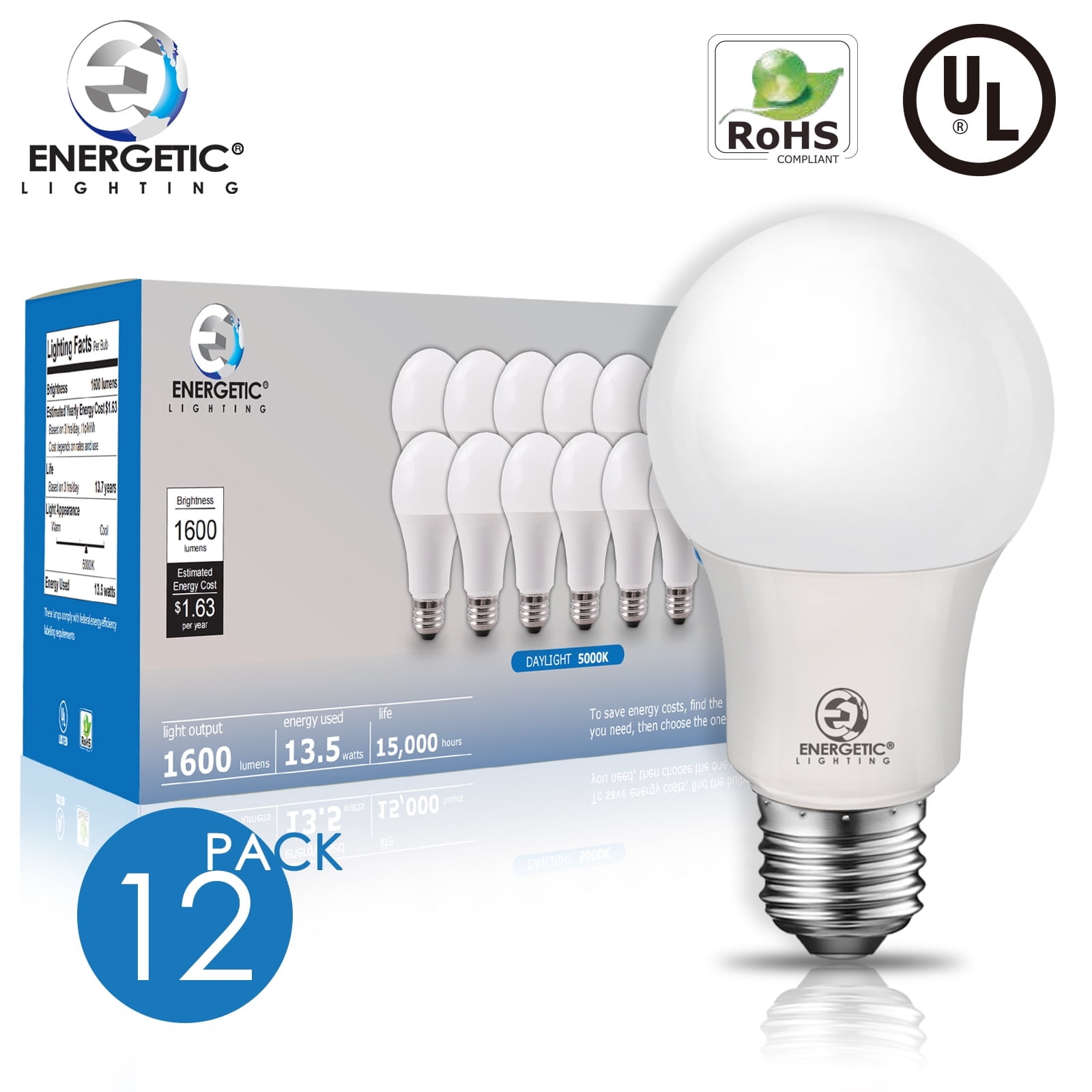 ENERGETIC A19 LED Light Bulb, Dimmable, 13.5 Watts(100W Equivalent), 1600 Lumens, Super Bright, Daylight 5000K, E26 Base, UL Listed, 12 Pack