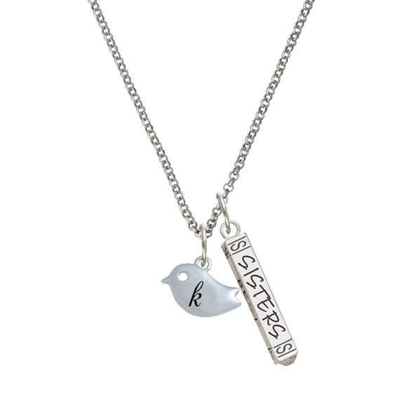 Delight Jewelry Silvertone Little Bird Initial - K - Silvertone Sisters Best Friends Forever Bar Charm Necklace, 23"