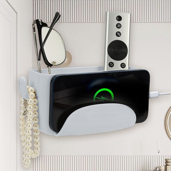 No Punch Storage Rack, Adhesive Bedside Shelf Accessories Organizer, Multifunctional Shelf with Hooks Cell Phone Charging Stand, Remote Control Organizer Cosmetics Storage Box