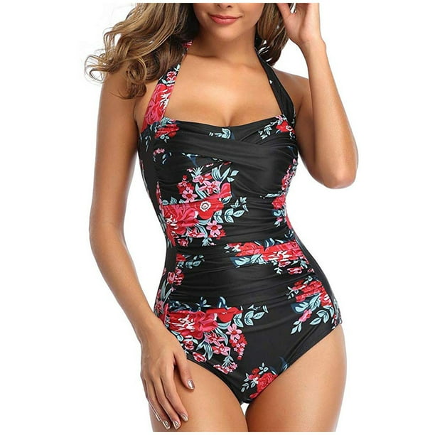Womens One Piece Swimsuits Tummy Control Ruched Monokini Bathing Suits  Floral Halter Swimwear 