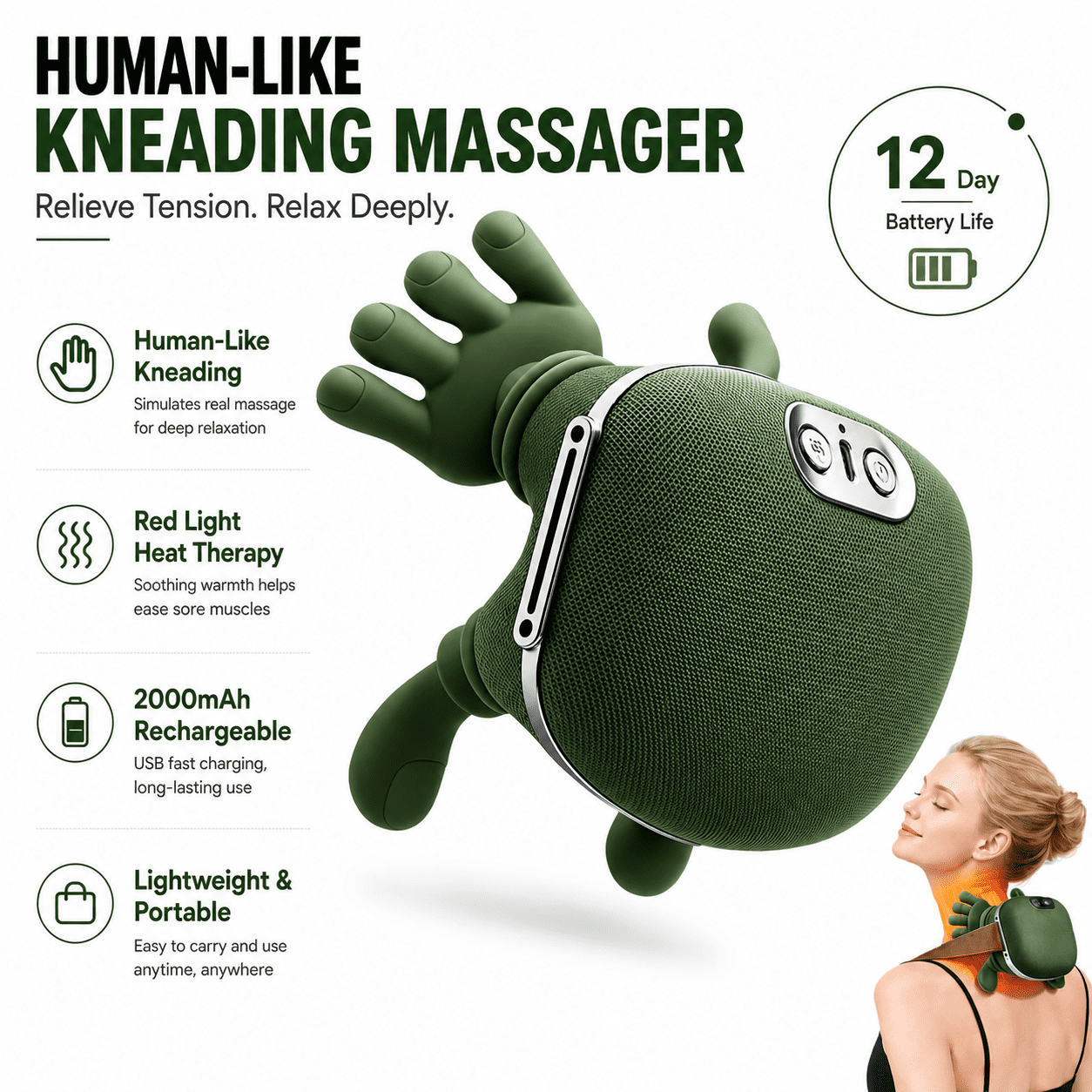 Heated Neck and Back Massager, Cordless Rechargeable Massage Pillow with 4D Kneading Nodes, Adjustable Warm Function, Portable Shoulder and Back Comfort Massager for Home, Office and Travel, Green