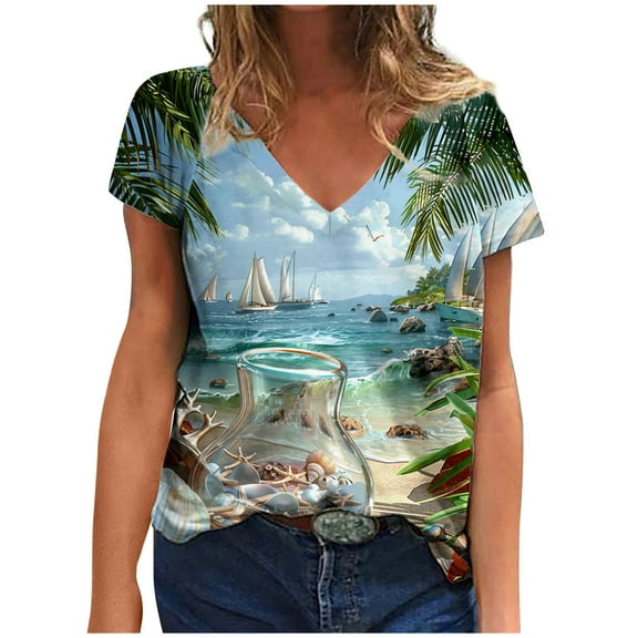 Raeneomay Oversized T Shirts Women's Sea Turtle Print Beach Vacation Print Short Sleeved V-Ncek T-Shirt Tops