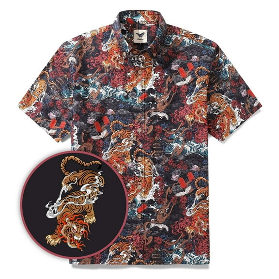 YIUME Men's Hawaiian Shirt Tiger in the Mist 1950s Vintage Cotton Short Sleeve Aloha Shirt