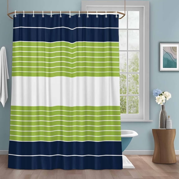 Navy Blue Green Stripe Shower Curtains for Bathroom, Gradient Line Washable Fabric Shower Curtain with Hooks Waterproof Bathroom Decor Sets, 72 x 78 Inches