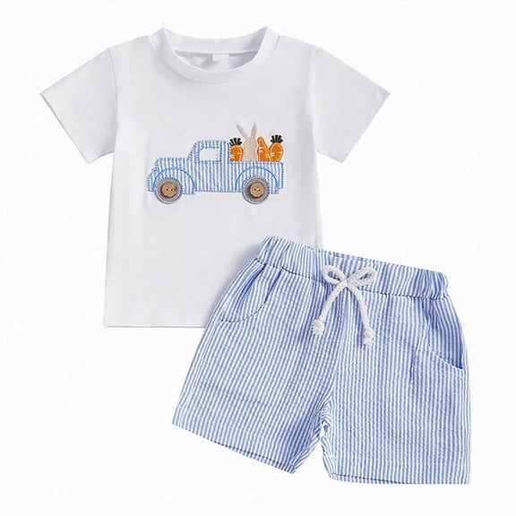 HCNTES Baby Boy Easter Outfits Toddler Boys Summer Clothes Short Sleeve Truck Embroidery T-Shirt Striped Shorts 2Pcs Set