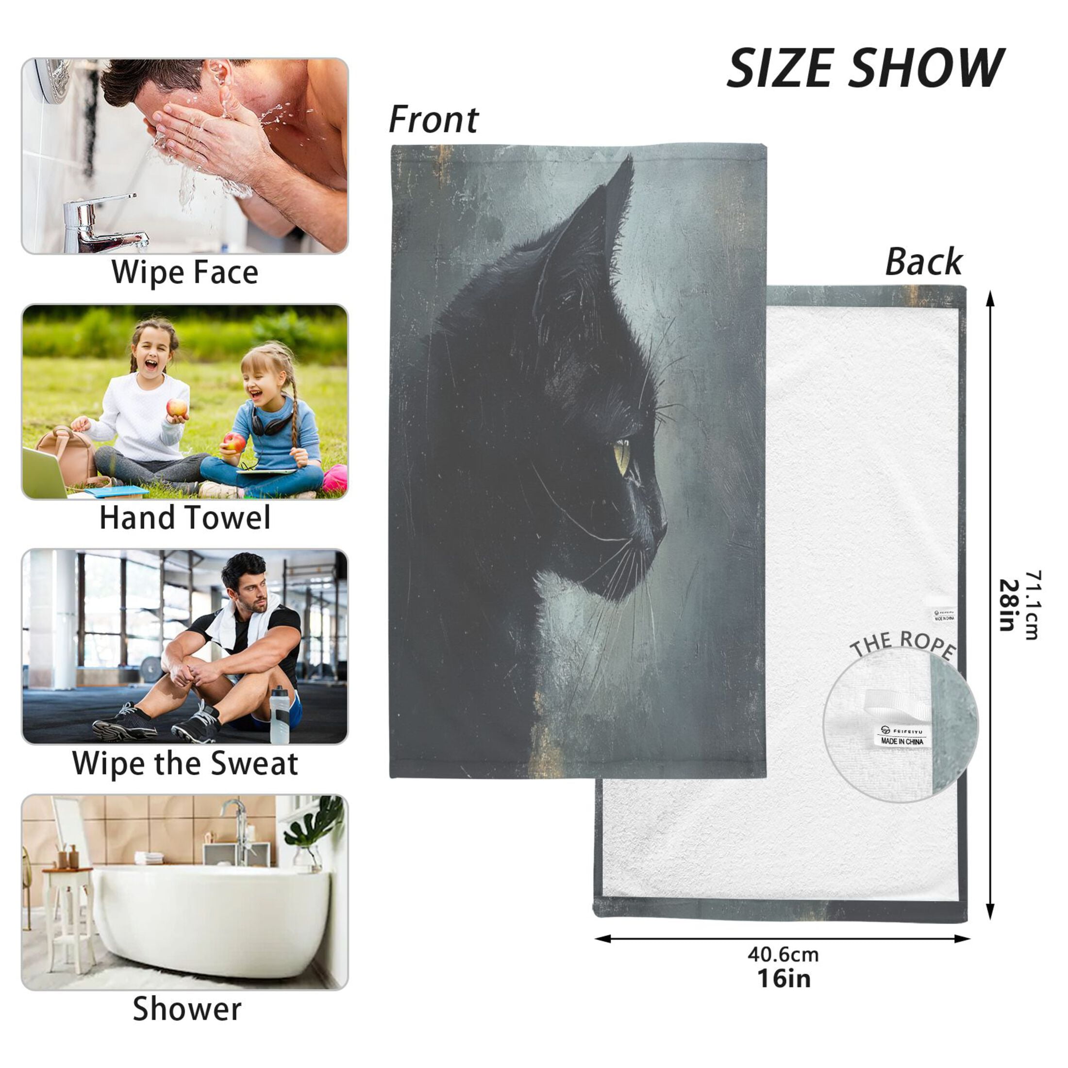Cotton Towel Two-Piece 16x28 Inch One Sizex2 Face Towel Set Towel Set Cotton Hand Bath Towel Bathroom Beach Black Painting Cat