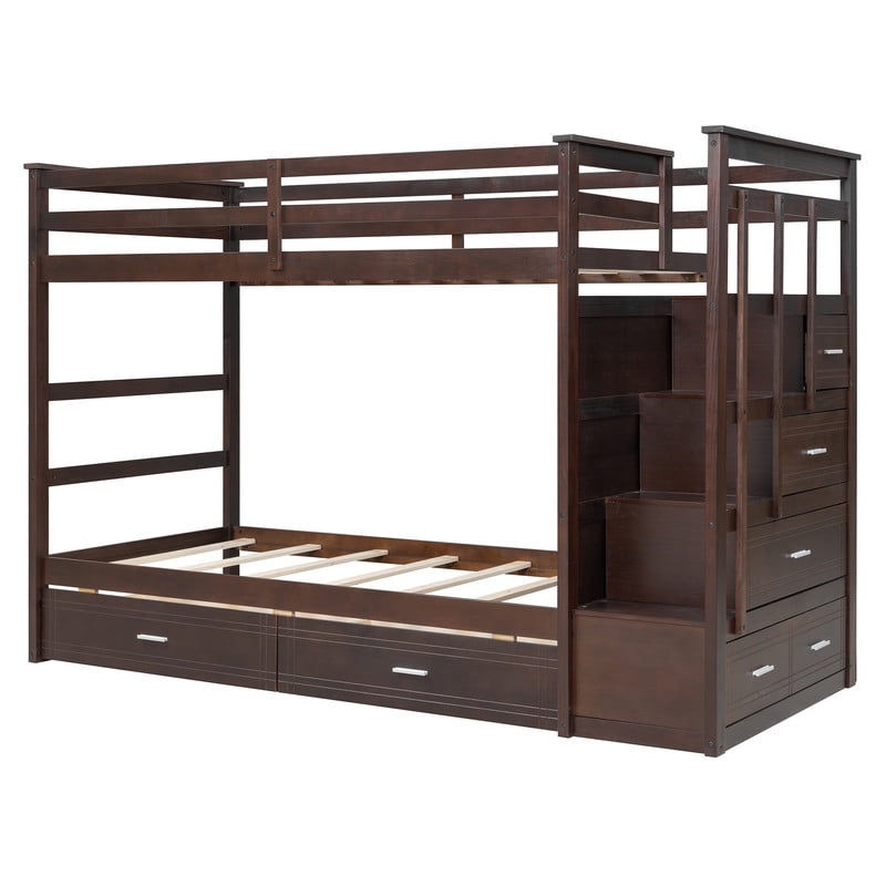Twin Over Twin Kids/Teens Bunk Bed with Buit-In Staircase, Wooden Storage Bed Frame with 6 Drawers
