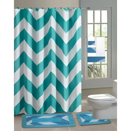 15pc Aqua Chevron Bathroom Set Printed Banded Rubber Backing Rug 15pc Aqua Chevron Bathroom Set Printed Banded Rubber Backing Rug Bath Mats With Fabric Shower Curtain