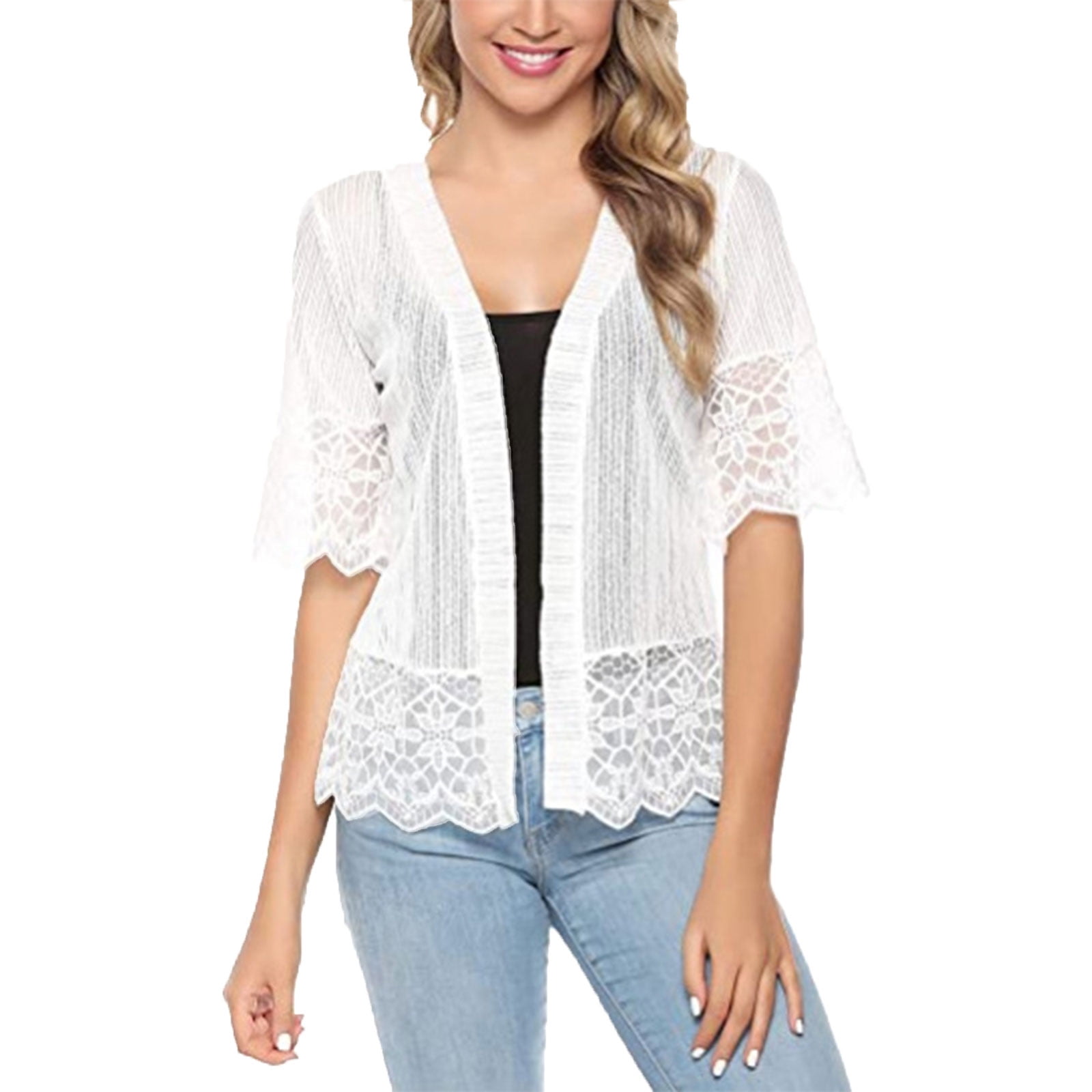 LANTIAN Women's Open Front Short Sleeve Solid Color Lace Patchwork Sheer Bolero Cover Up Shrug Cardigan
