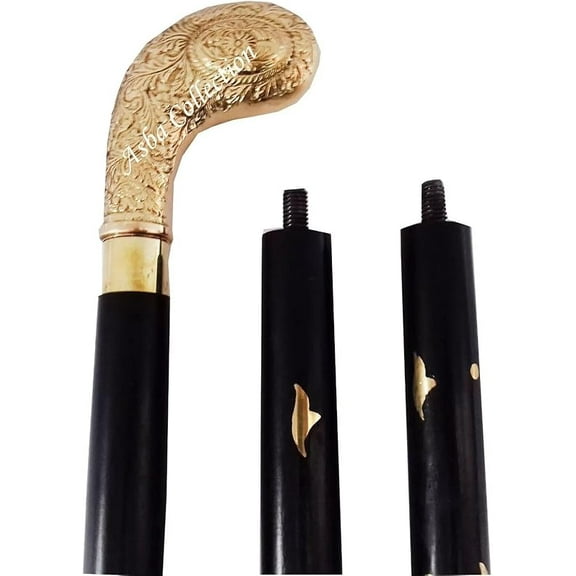 "Vintage Victorian Wooden Walking Stick Cane with Brass Handle – Antique Golden Designer 35 Inch"