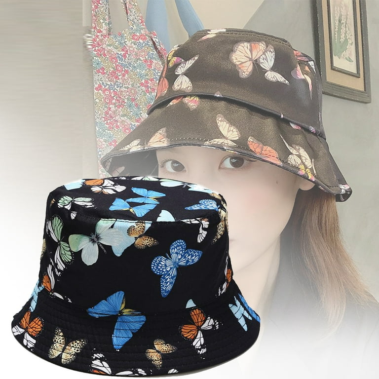 SANWOOD Bucket Hat Pink,Butterfly Print Fisherman Hat Summer Cotton  Double-sided Outdoor Bucket Sun Cap 