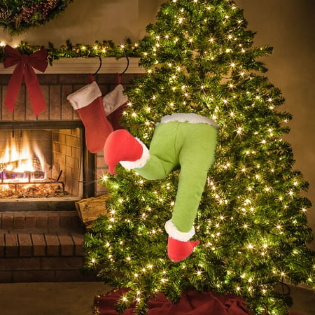 Grinch steals Christmas plush elf legs, Christmas decorations