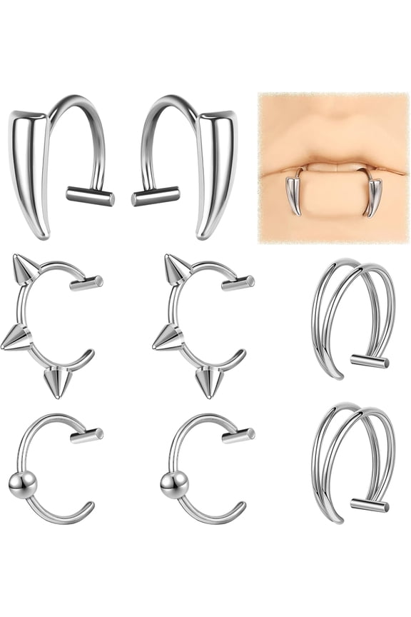 Stainless Steel Fake Lip Ring Vampire Teeth Ring, Adjustable Fake Lip Piercing Non-Piercing Lip Cuff Ear Cuff Earrings Fake Septum Nose Piercing Jewelry For Women Men