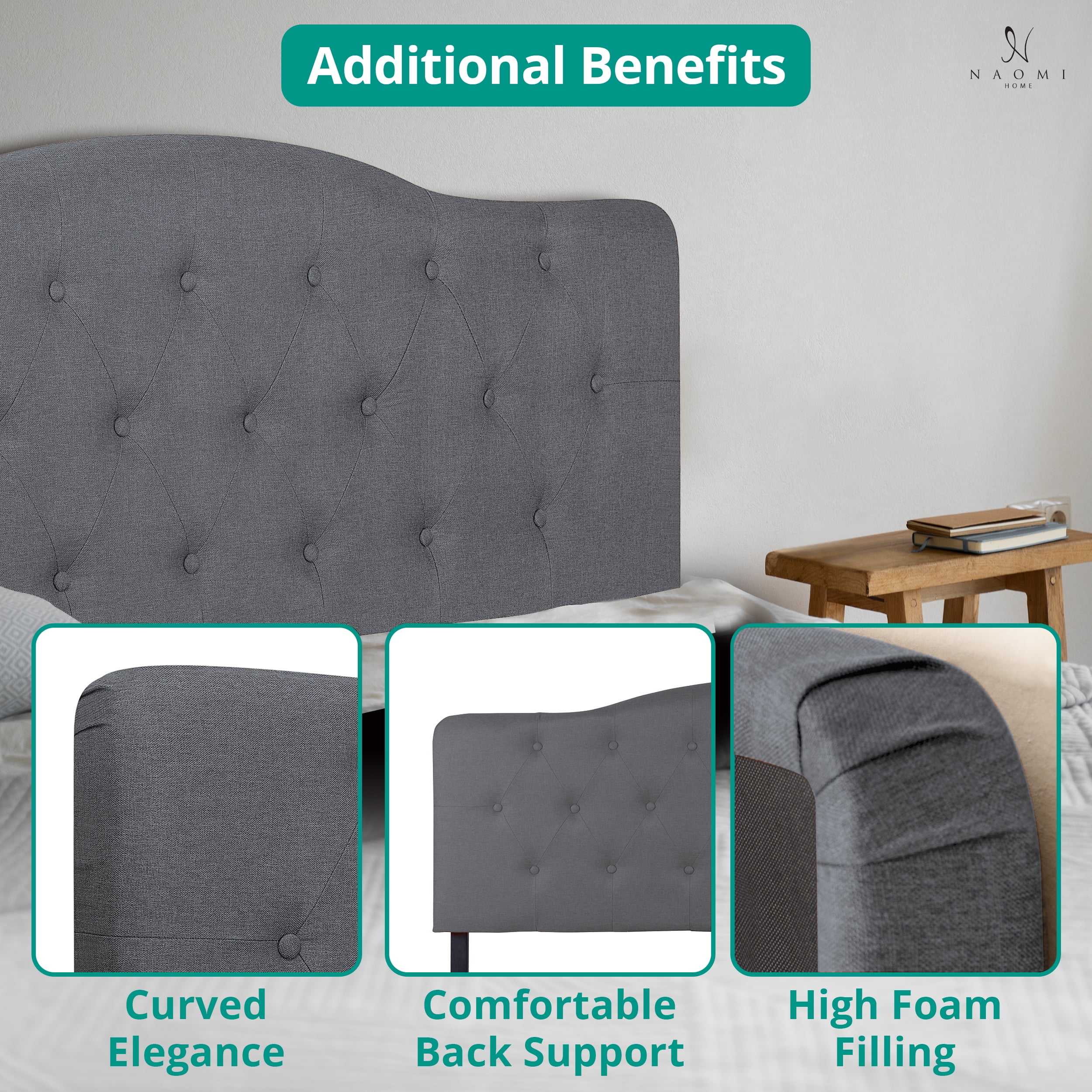 Cassandra Queen Headboard – Light Gray Upholstered Button Tufted Linen, 12 Adjustable