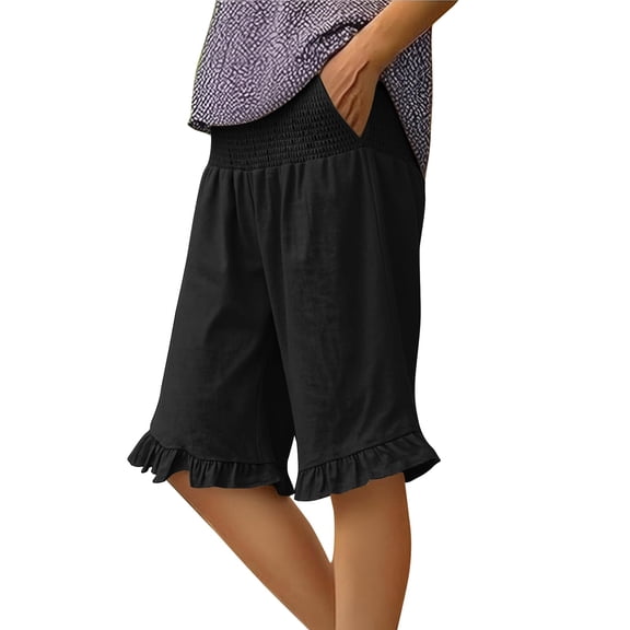 Womens Summer Bermuda Shorts Knee Length Elastic Waist Flared Ruffle Hem Shorts Beach Lounge Casual Shorts