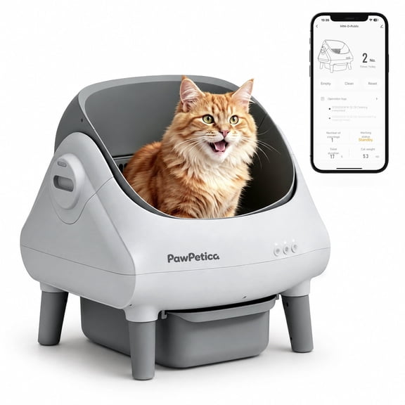 PawPetica Automatic Cat Litter Box Self-Cleaning with Safety Protection, Fragrance Box and Trash Bags Included, Gray