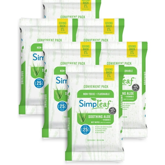 Flushable Wet Wipes Aloe Vera| Eco-Friendly, Paraben & Alcohol Free | Hypoallergenic & Safe for Sensitive Skin | Soothing Aloe Formula | (6 x 25 Counts Convenient Pack) 150 Counts Total