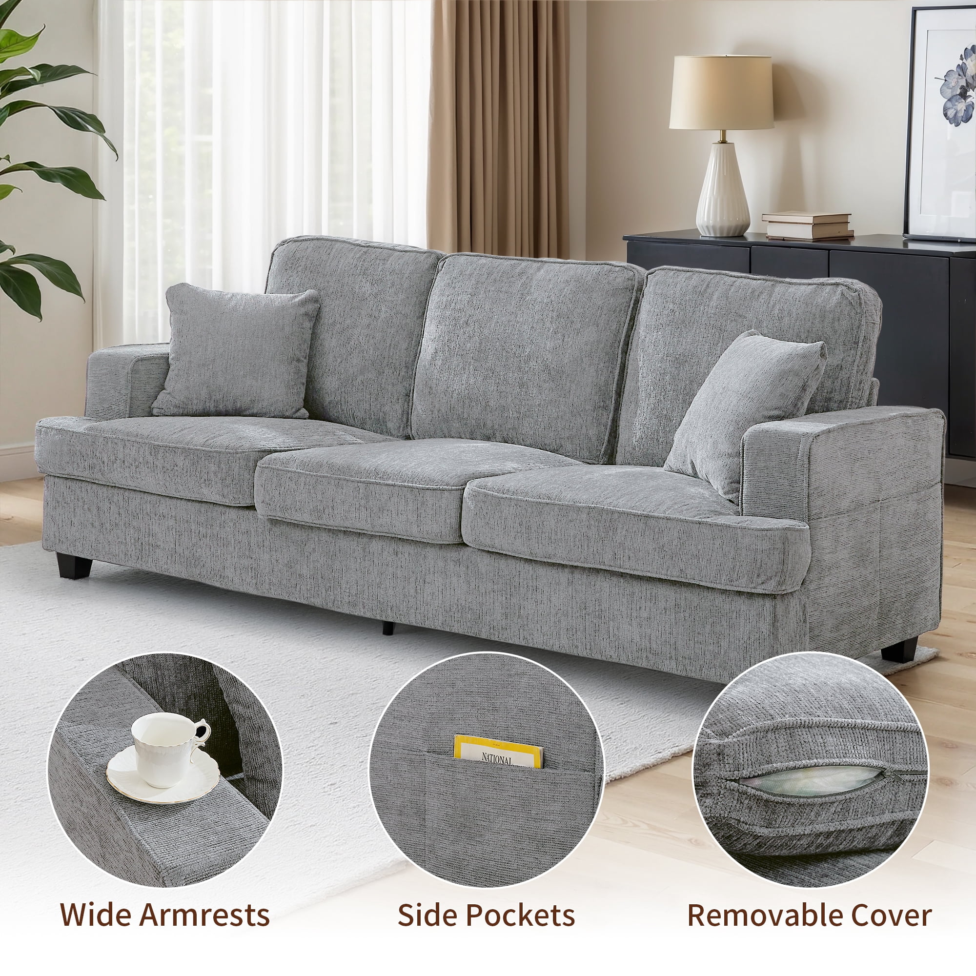 Korser 89" Chenille Sofa 3 Seater Couch with Extra Upholstered Deep Seats for Living Room,Removable Cover,Assembly Required,Pewter
