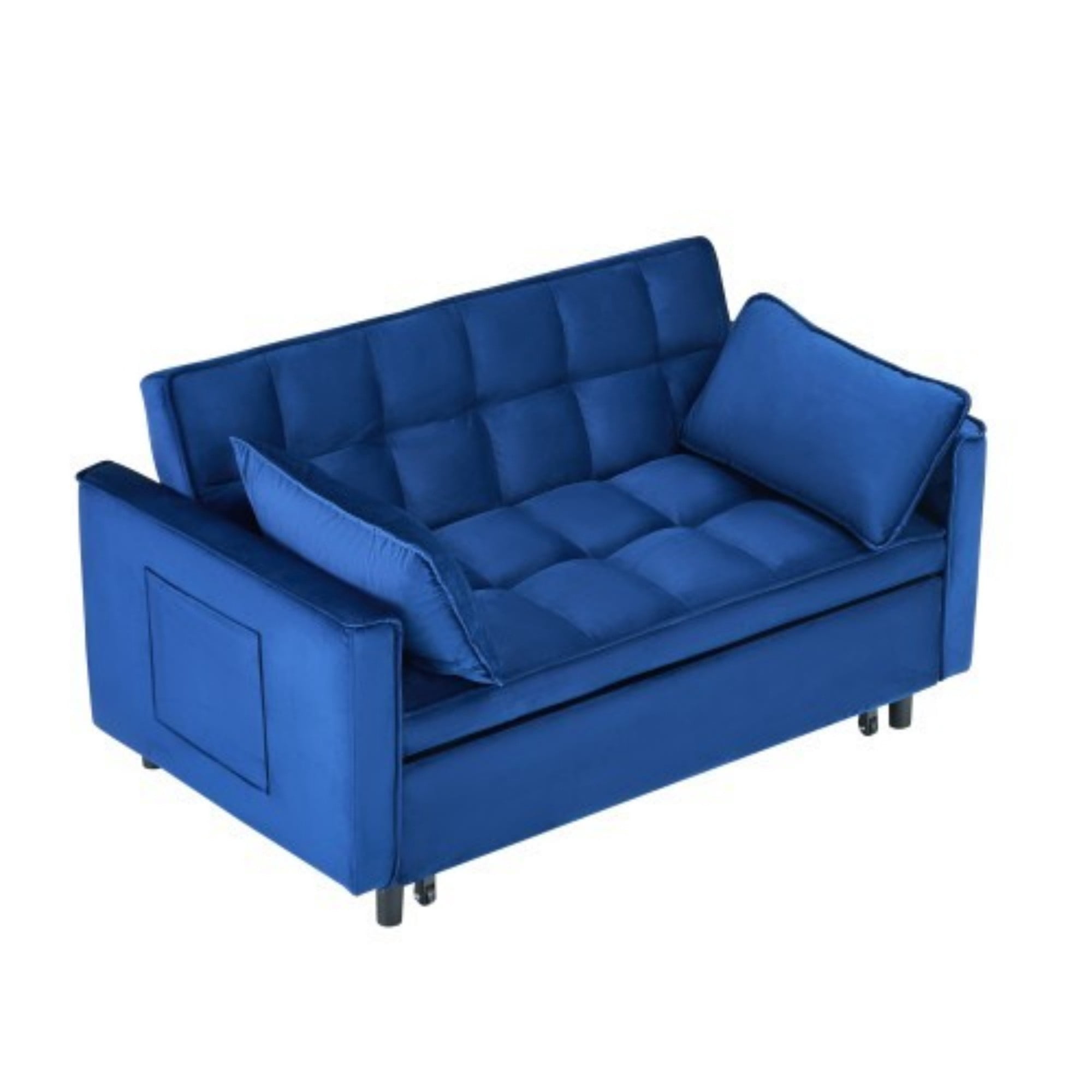 Velvet Loveseat Sofa Bed, 3-in-1 Convertible Sleeper Couch with Pullout Bed & Reclining Backrest, Blue