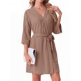 thumbnail image 2 of Women's Waffle Knit Robe 3/4 Sleeve V Neck Knee Length Wrap with Adjustable Waist Belt Dark Khaki 2XL, 2 of 4