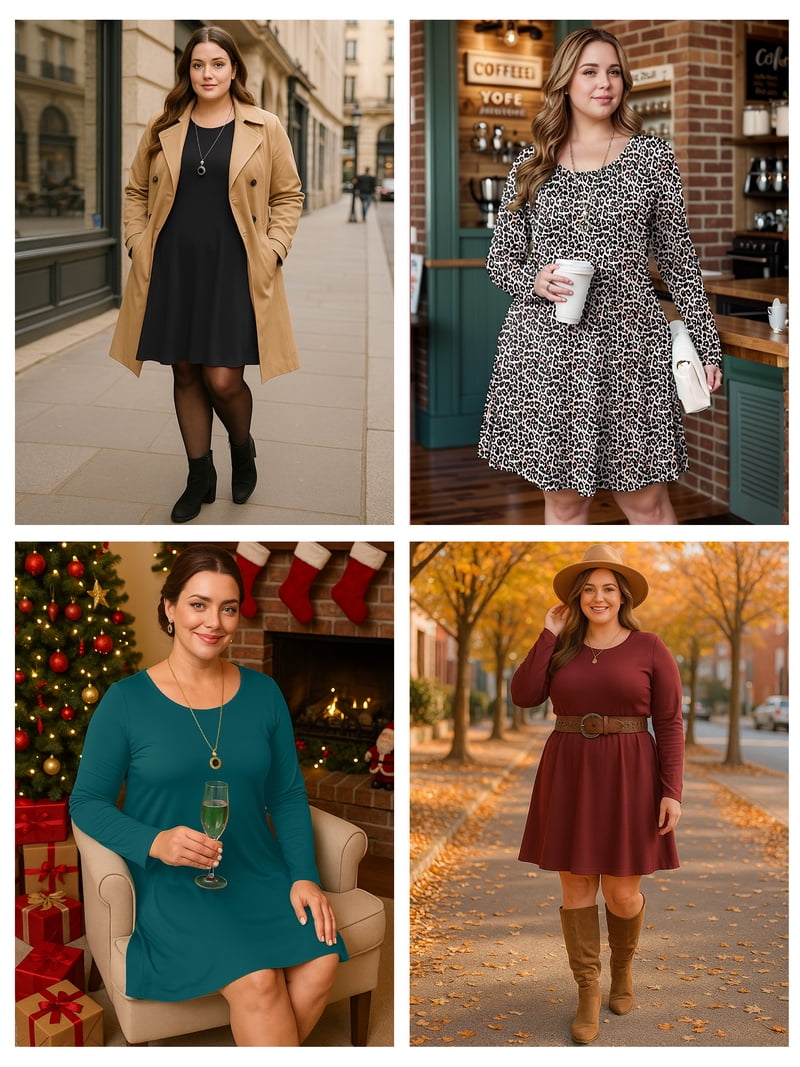 Showmall Women's Plus Size Long Sleeve Swing Dress with Pockets, Black 1X Crew Neck A-Line, Soft Stretch, Knee Length Midi Dress for Spring/Fall/