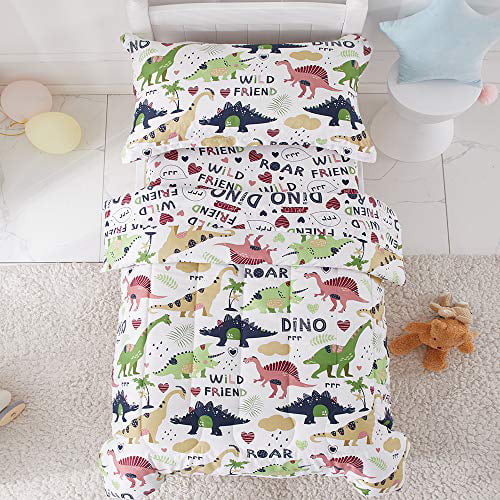 Includes Quilted Comforter Fitted Sheet and Pillow Case for Boys n Girls Top Sheet Joyreap 4 Piece Toddler Bedding Set Standard Size Colorful Dinosaur Printed on Navy 