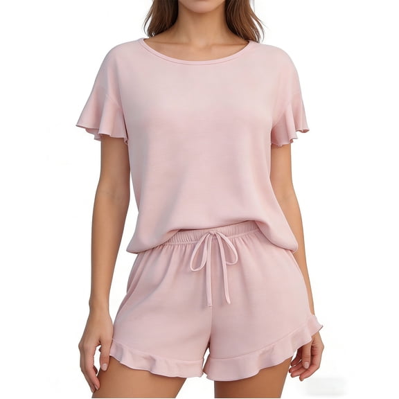 Plus Size Summer Outfits Women's Ruffle Sleeve Pajama Set Soft 2-Piece Loungewear Top And Ruffle Hem Shorts Sleepwear Pink Xl