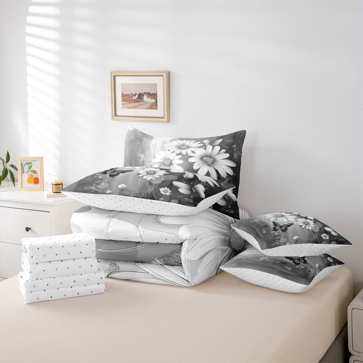 Homewish Rustic Flower Floral 7-Piece Bedding Comforter Set,Oil Painting Artistic King Bedding Sets,Gray White Bed Sheets For Gir Kids,Super Cozy Room Decor Reversible