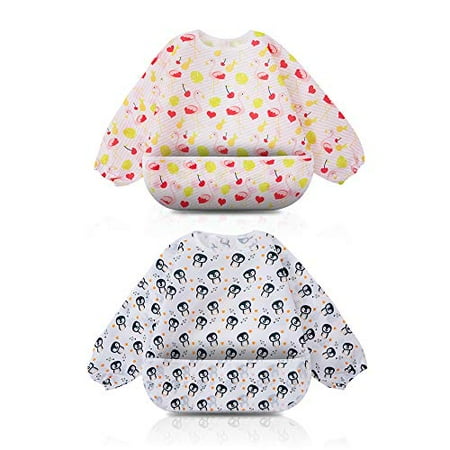 

Little Dimsum Full Sleeved Feeding Bib 2 Pack Baby & Toddler Waterproof Bib Apron Food Protection Large Pocket Eating Smock 6-48 Months (Flamingo / Penguin)