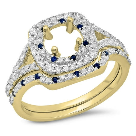 Sapphire Semi Mount - 0.80 Carat (Ctw) 10K Yellow Gold Round Cut Blue Sapphire & White Diamond Ladies Bridal Split Shank Semi Mount Engagement